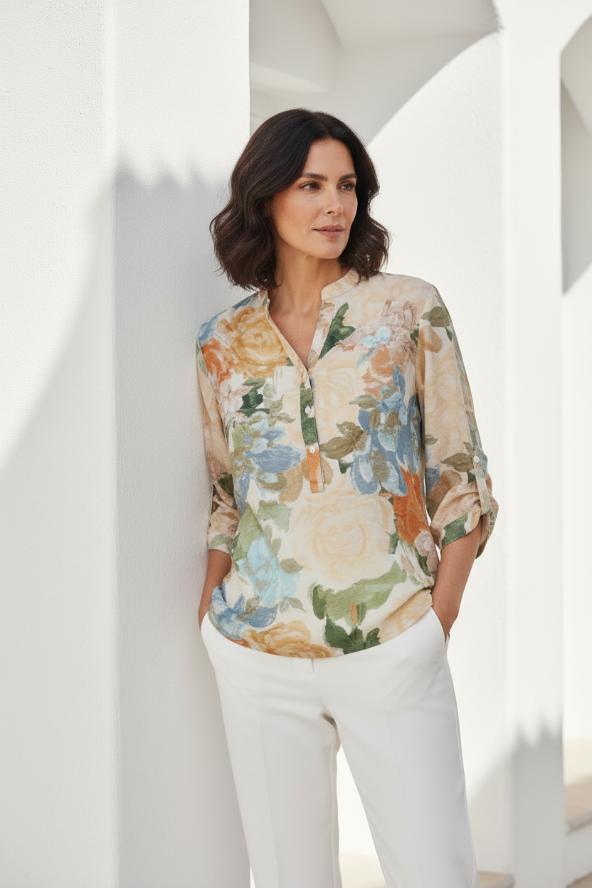 Camisa floral beige azul pose dinámica