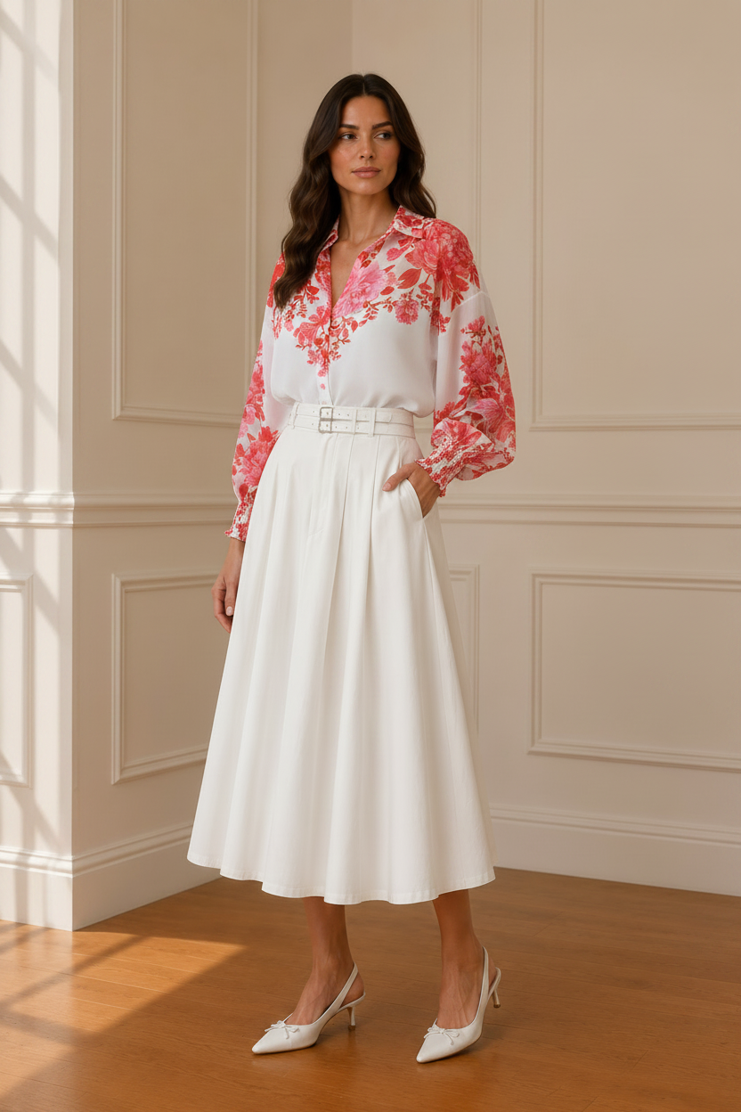 Camisa floral blanca - 3/4 con falda blanca