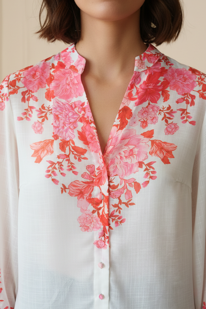 Camisa floral blanca - detalle escote