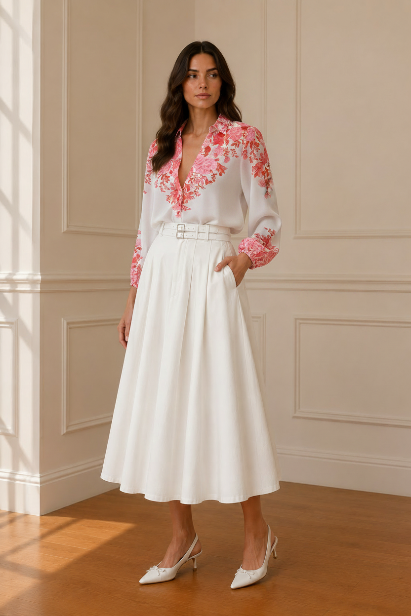 Camisa floral blanca - lateral con falda blanca