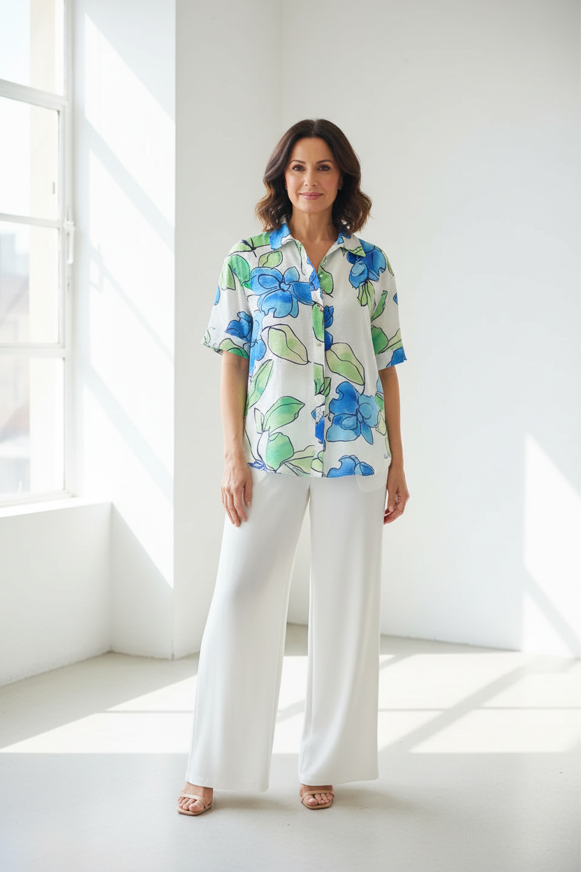 Camisa floral con pantalón blanco