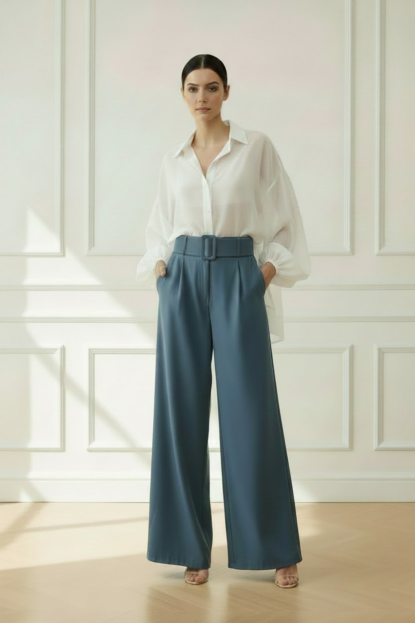 Camisa floral con pantalón wide leg azul