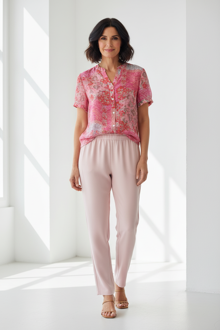 Camisa floral rosa con pantalón rosa claro