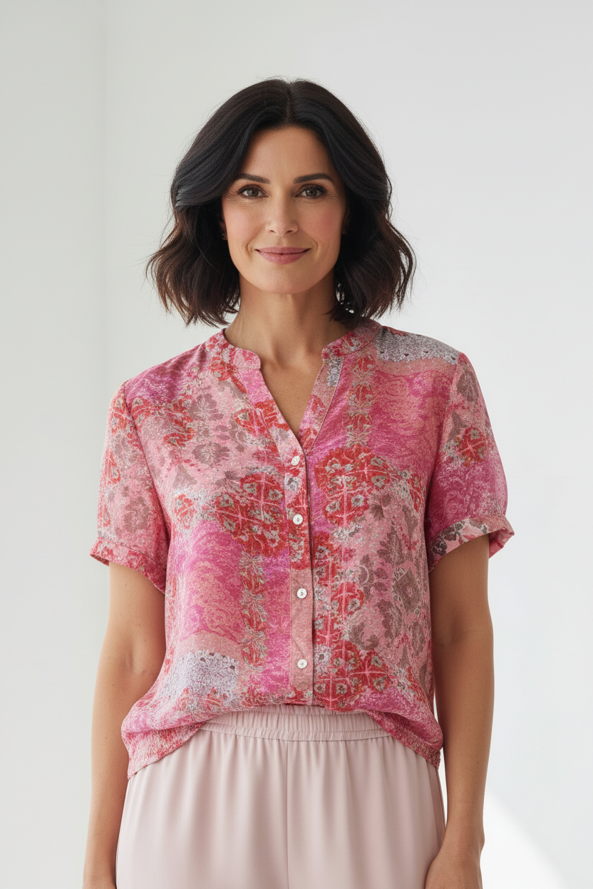 Camisa floral rosa pantalón blush - detalle