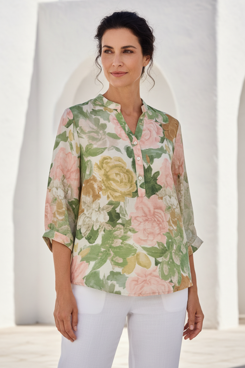 Camisa floral verde con modelo española