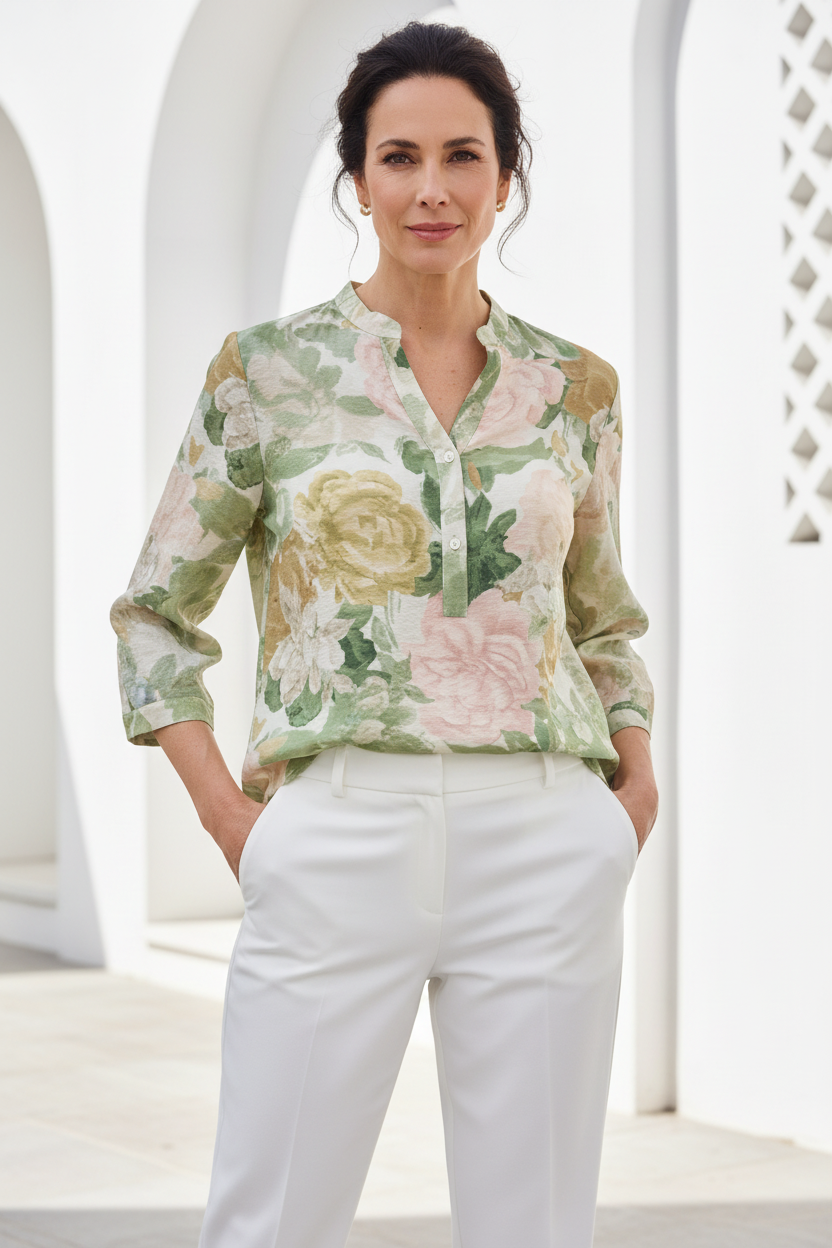 Camisa floral verde rosa con modelo española