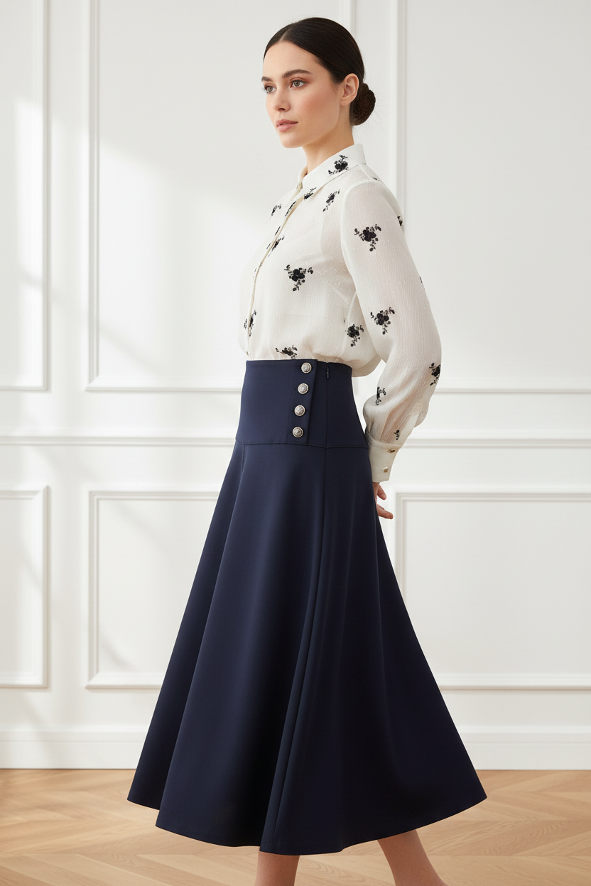 Camisa flores + falda navy - tres cuartos