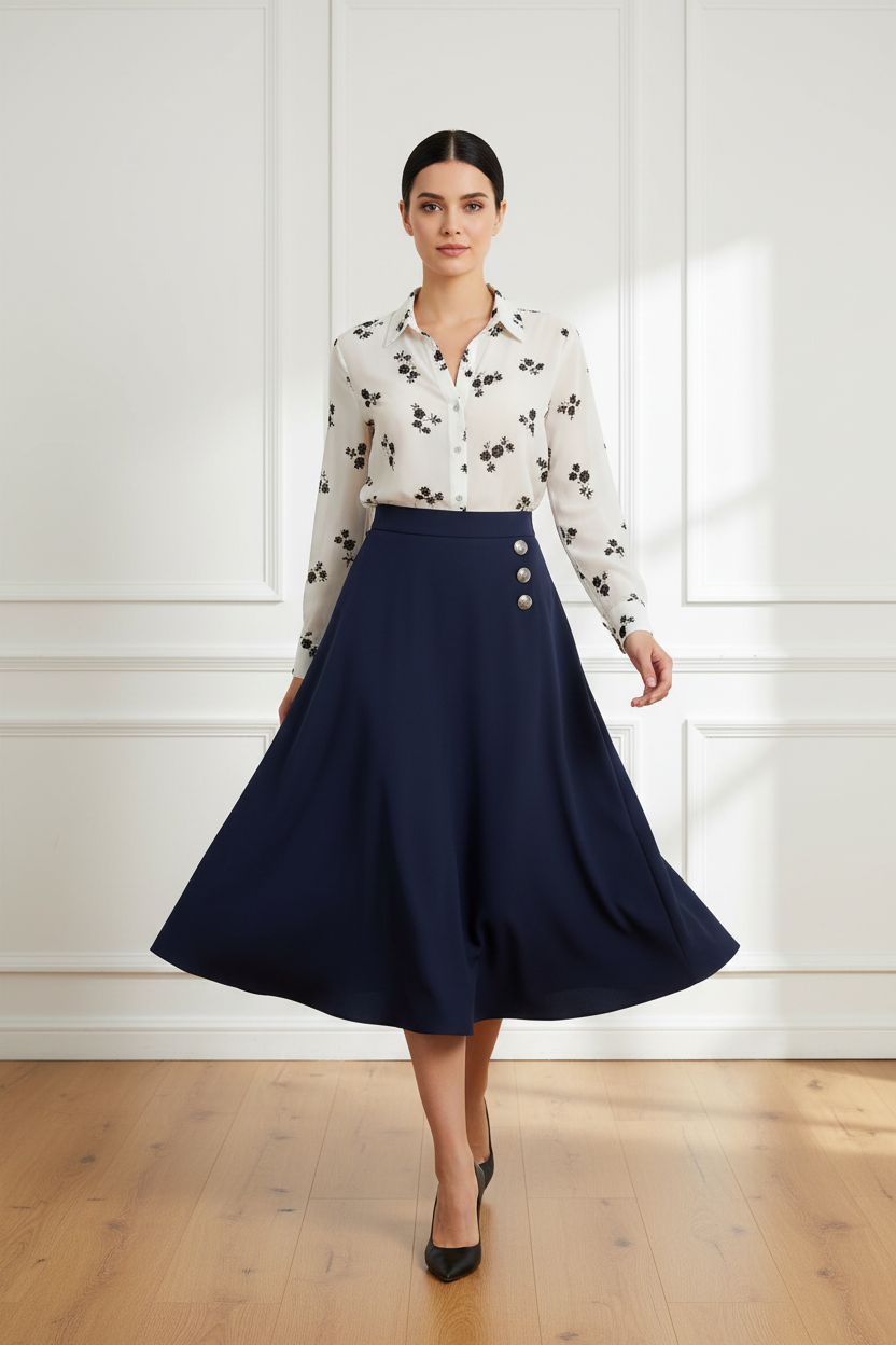 Camisa flores negras + falda navy - en movimiento