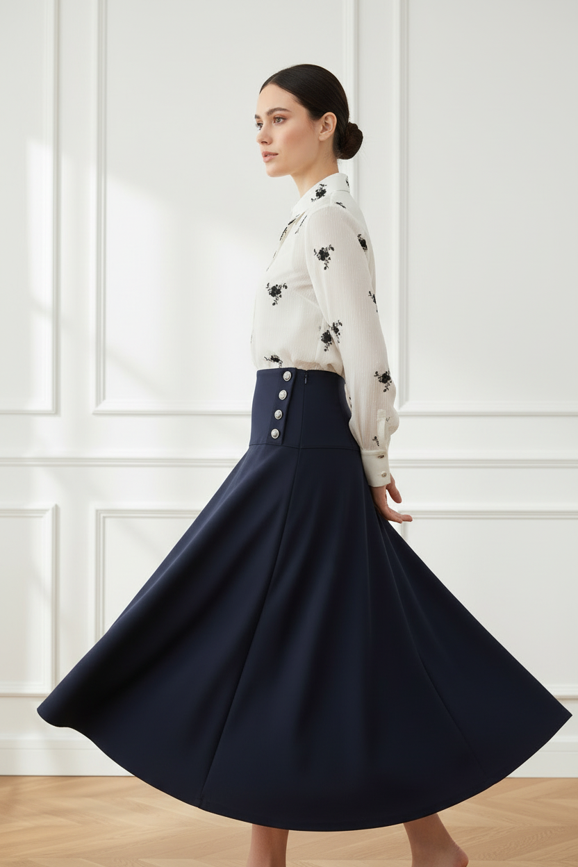 Camisa flores negras + falda navy - en movimiento