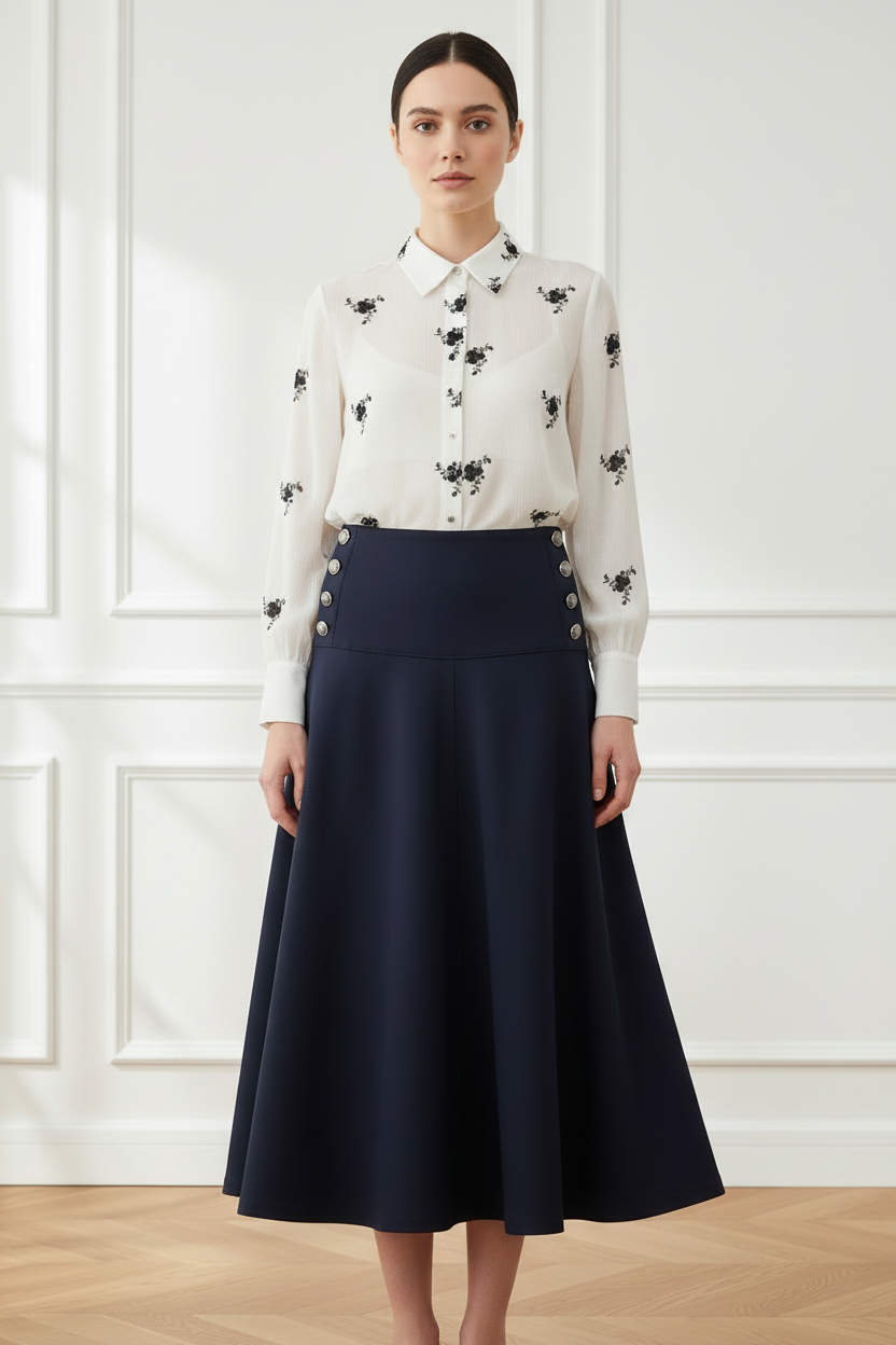 Camisa flores negras + falda navy - frontal