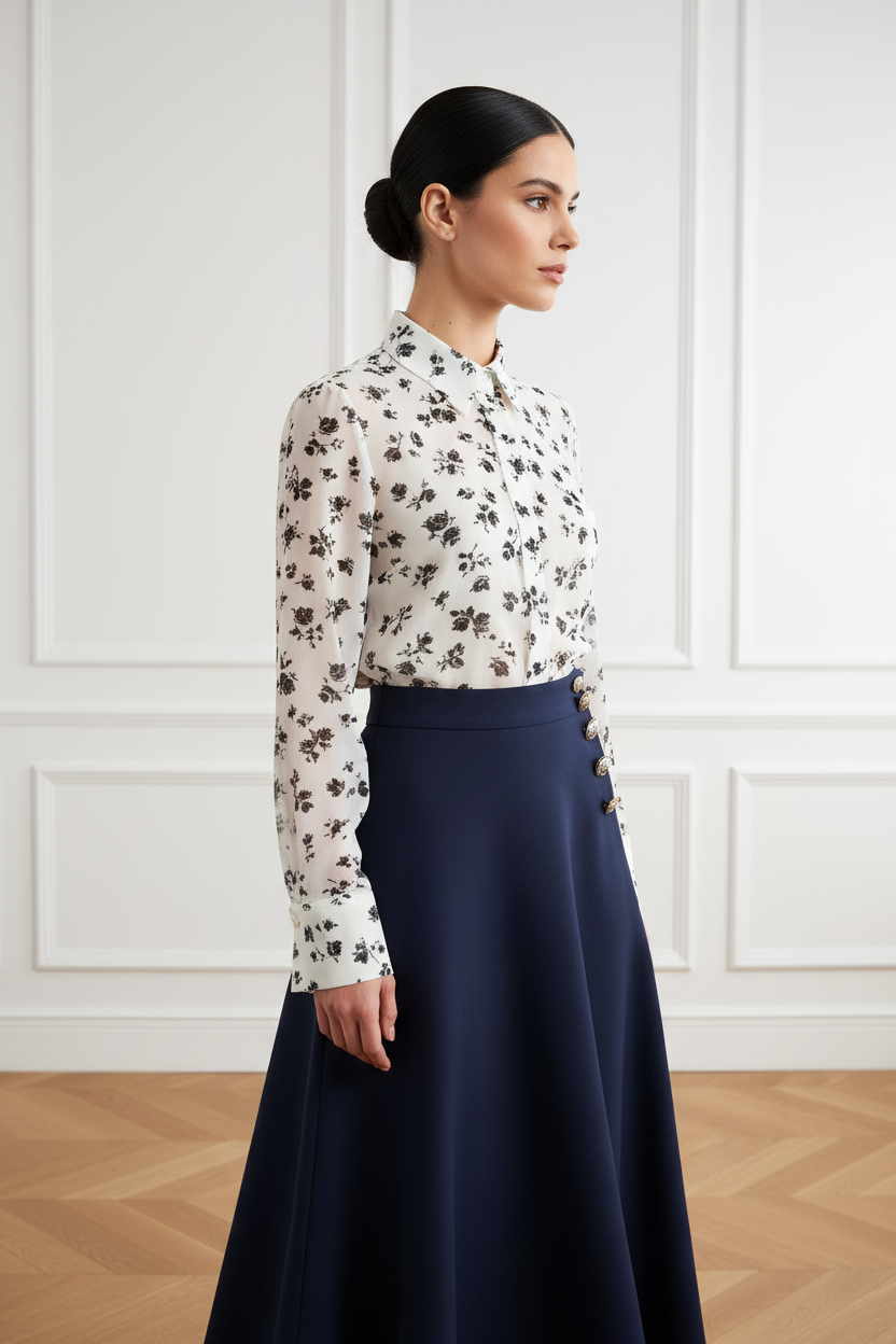 Camisa flores negras + falda navy - tres cuartos