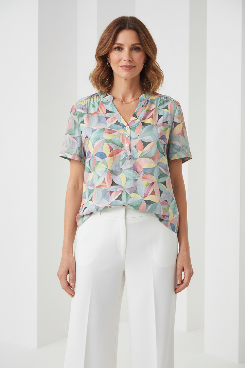 Camisa geométrica multicolor frontal modelo española