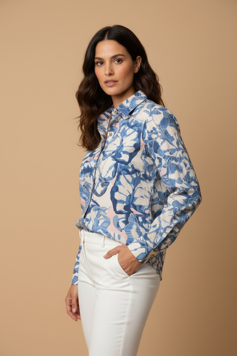 Camisa hojas azul y rosa