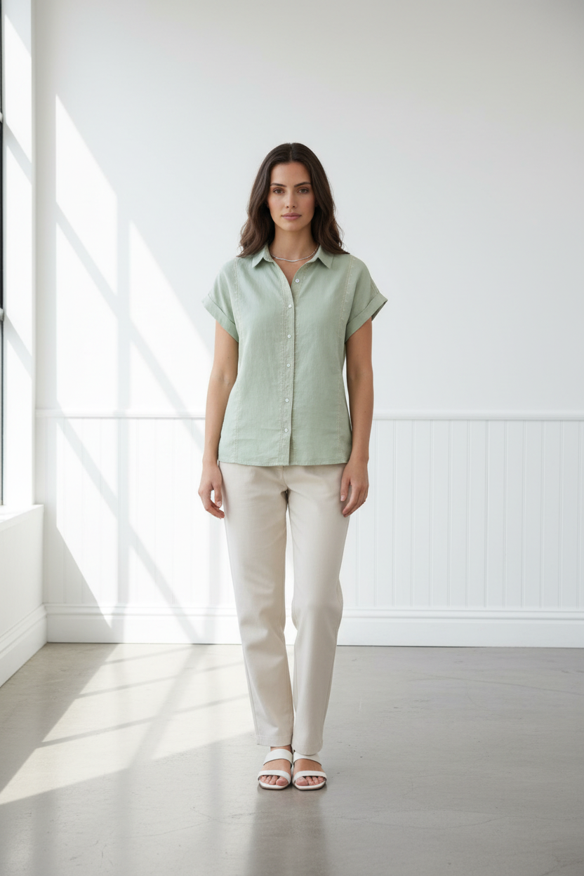 Camisa lino verde salvia modelo española fondo blanco