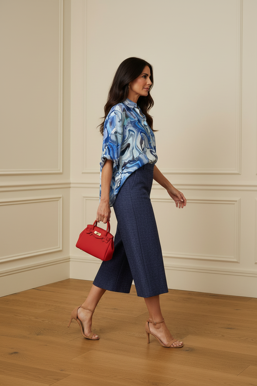 Camisa mármol + culotte navy + bolso rojo - lateral mejorada