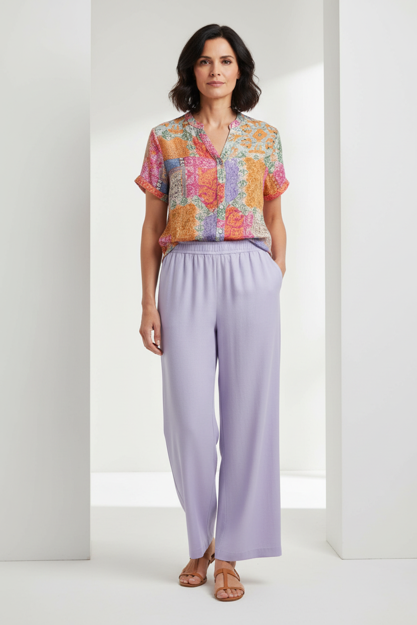 Camisa patchwork multicolor con pantalón lila wide leg