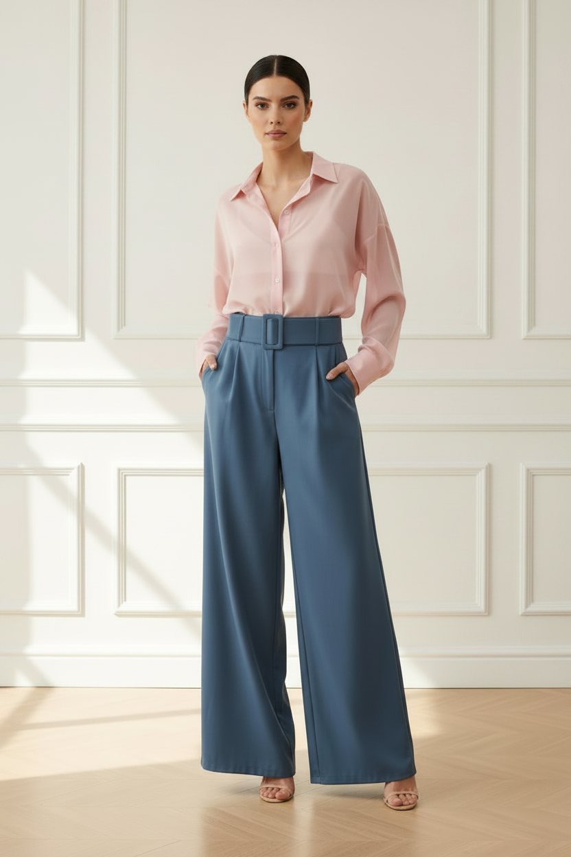 Camisa rosa empolvado palazzo azul frontal