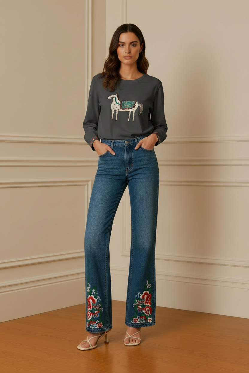 Camiseta gris potra + vaquero bordado