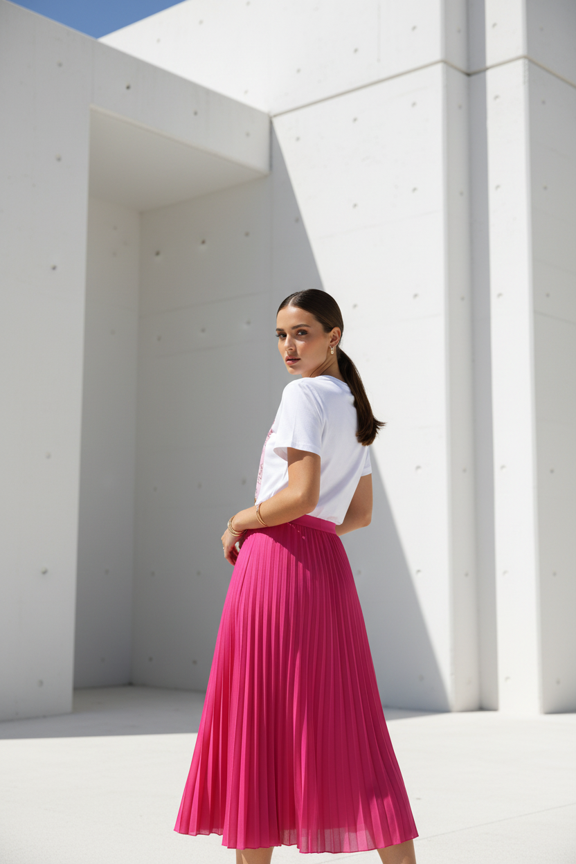 Camiseta jirafa con falda fucsia - fondo arquitectónico blanco