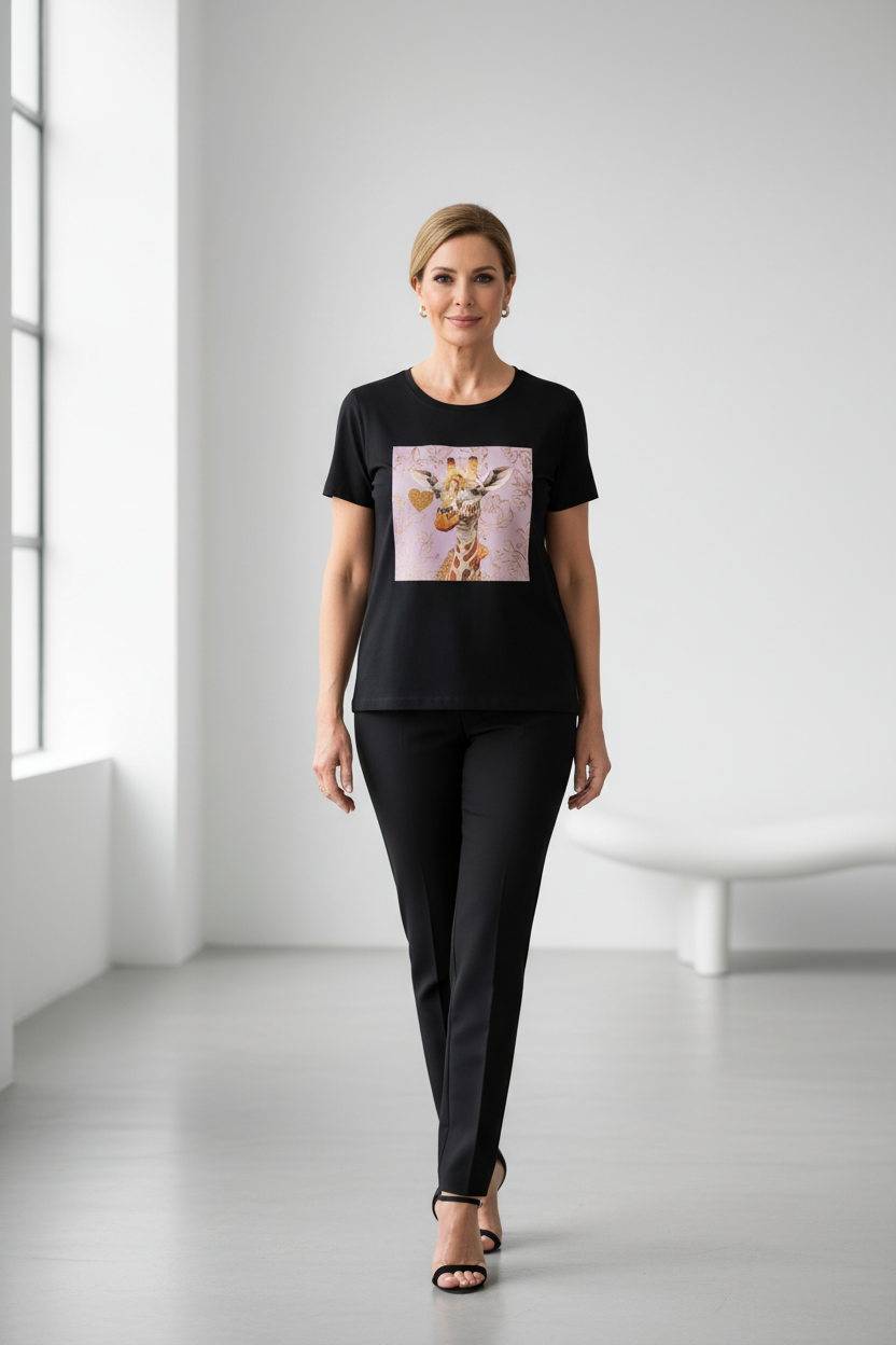Camiseta jirafa negra con pantalón negro, modelo española 55 años