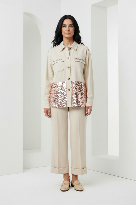 Cazadora beis lentejuelas con pantalón beis