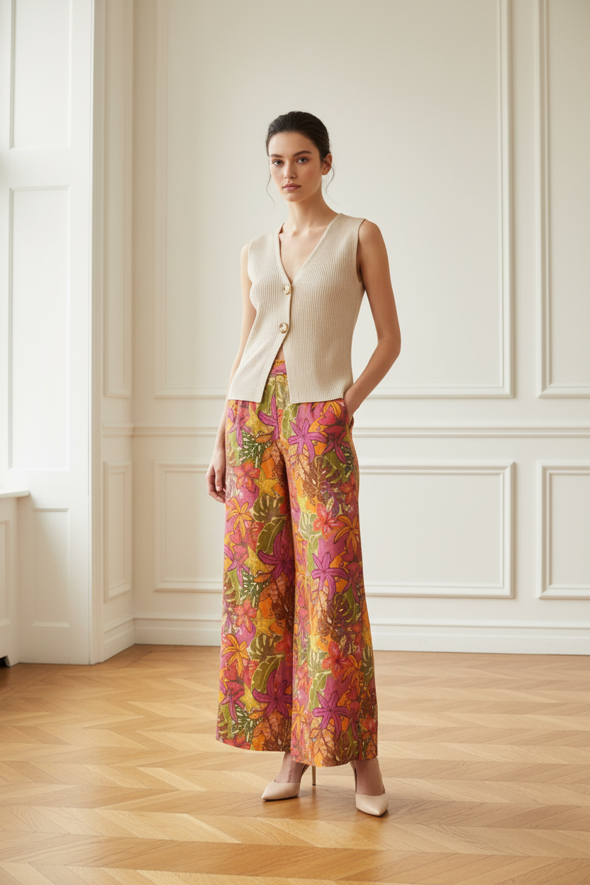 Chaleco beige con pantalón tropical