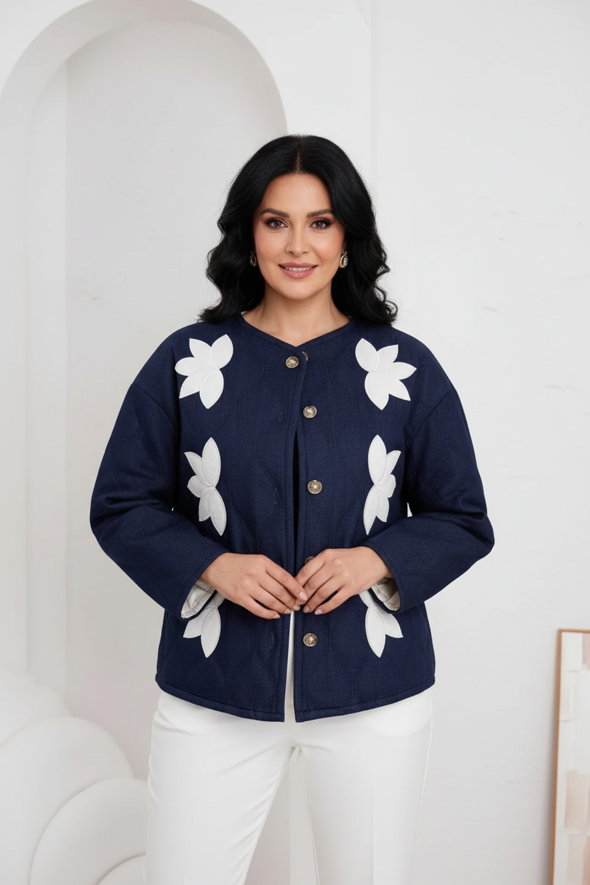 Chaqueta azul marino con flores blancas