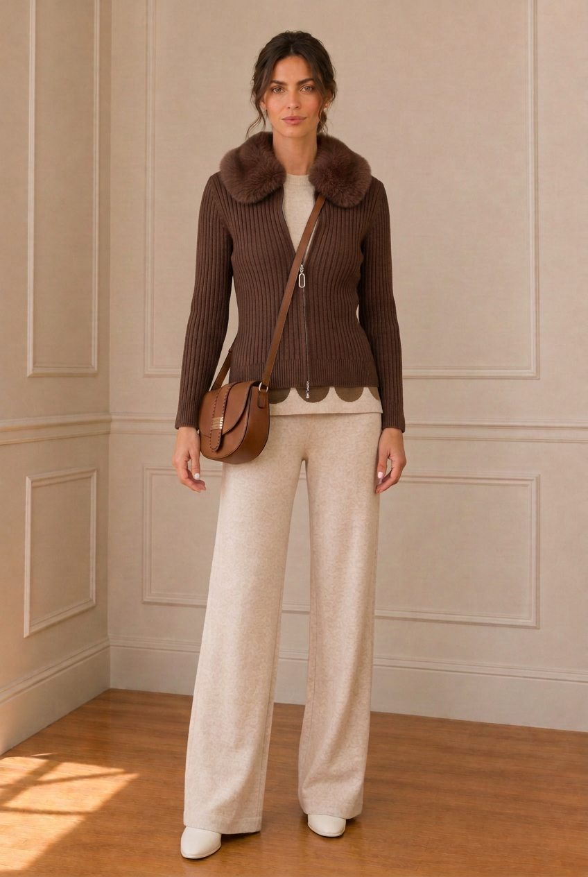 Chaqueta marrón chocolate con cuellito redondeado