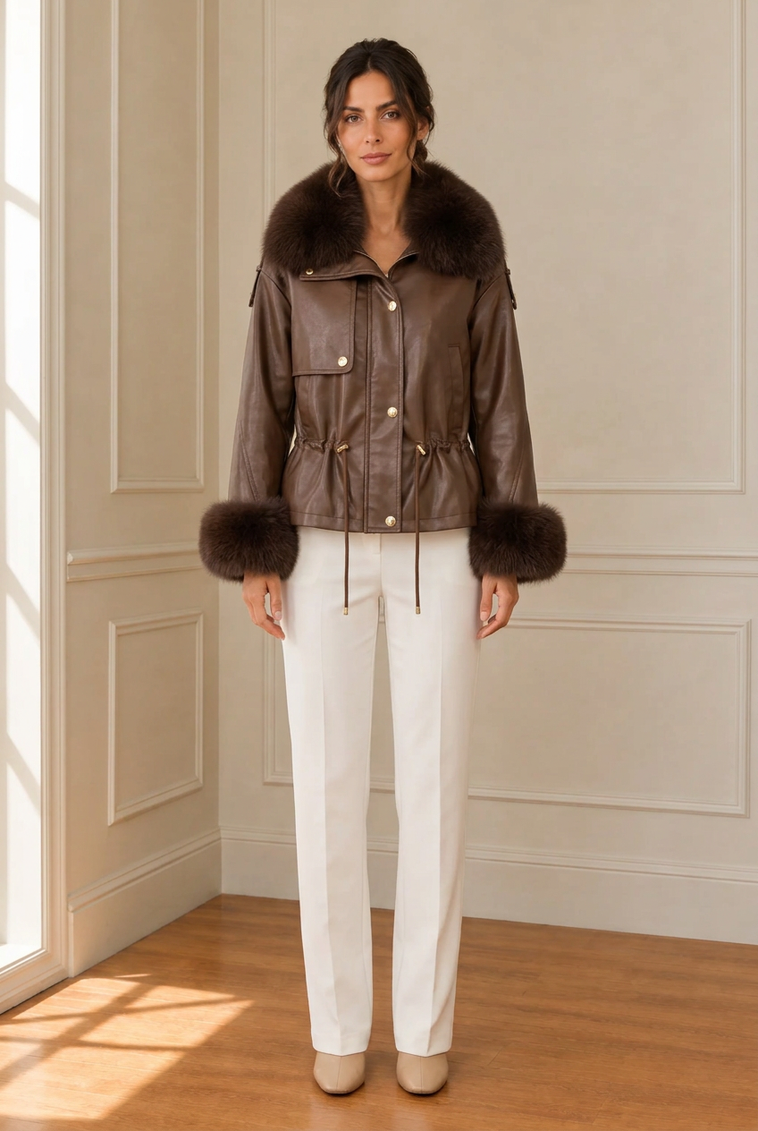 Chaqueta marrón con cuello y puños de pelo marrón