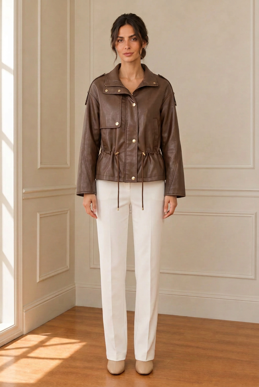 Chaqueta marrón sin el pelo desmontable del cuello y los puños