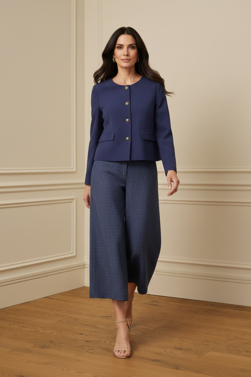 Pantalón culotte navy tweed botones dorados