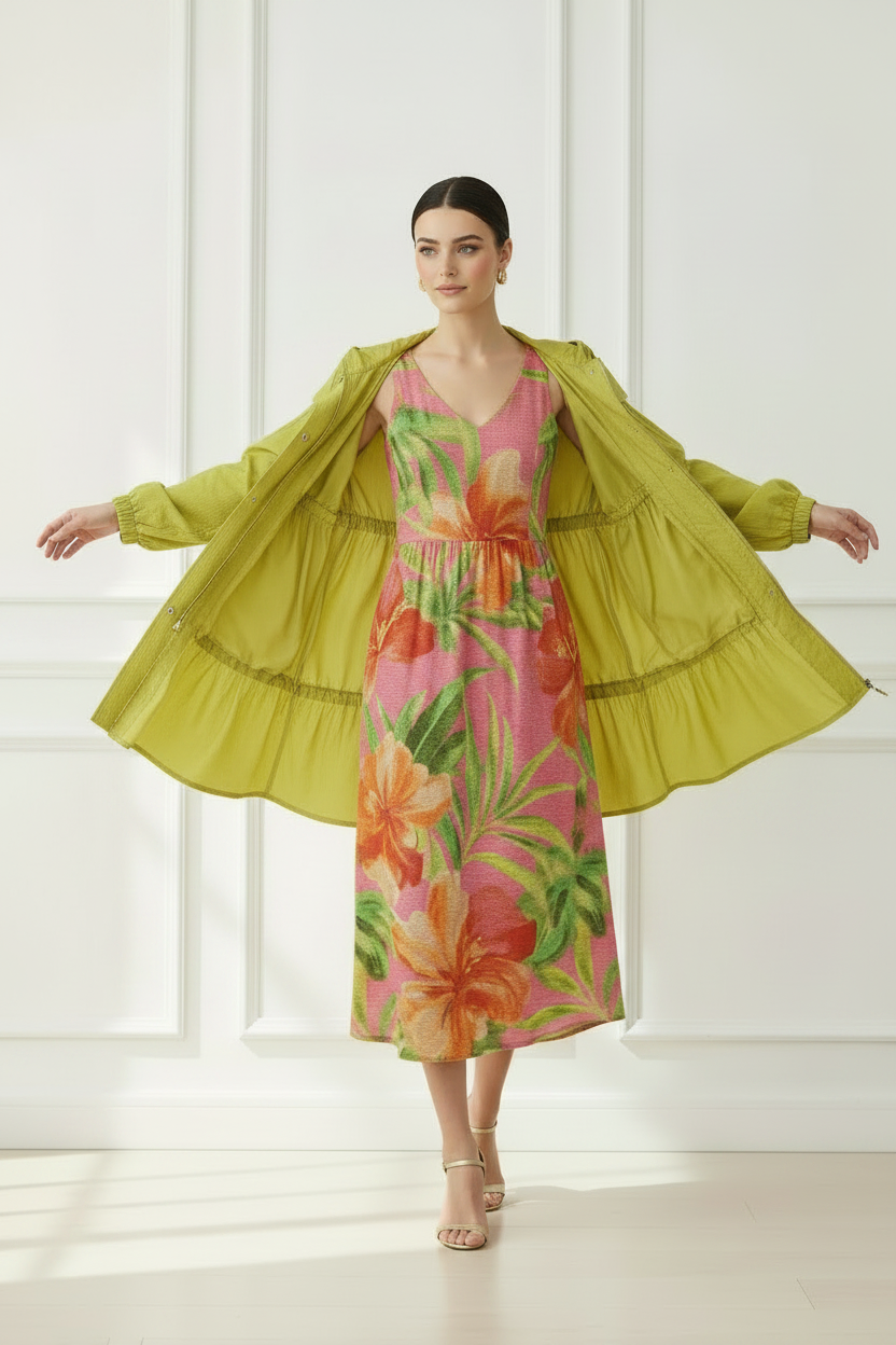Chubasquero abierto cremallera + vestido tropical