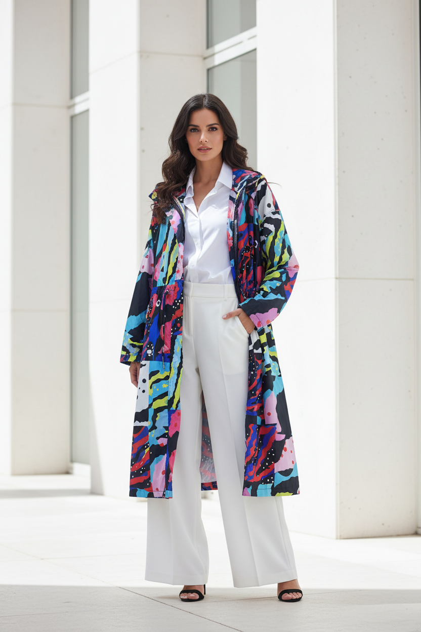 Chubasquero con camisa y palazzo blanco