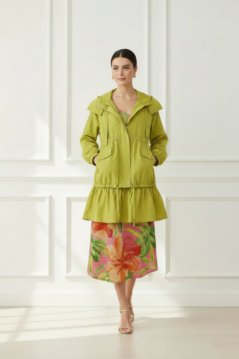 Chubasquero verde lima correcto + vestido tropical