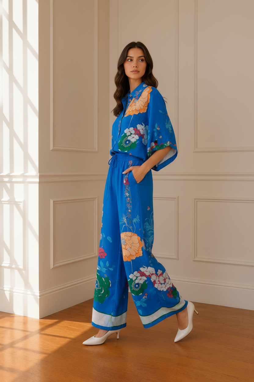Conjunto azul floral - andando en movimiento