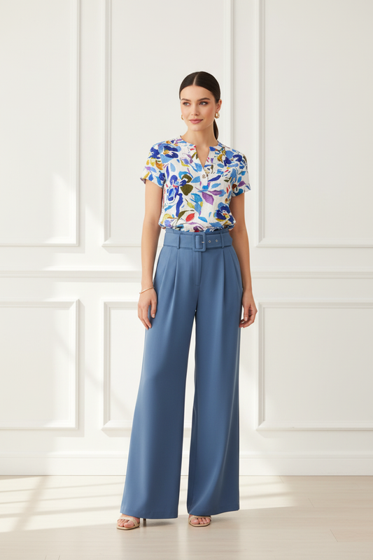 Conjunto blusa floral + pantalón palazzo azul