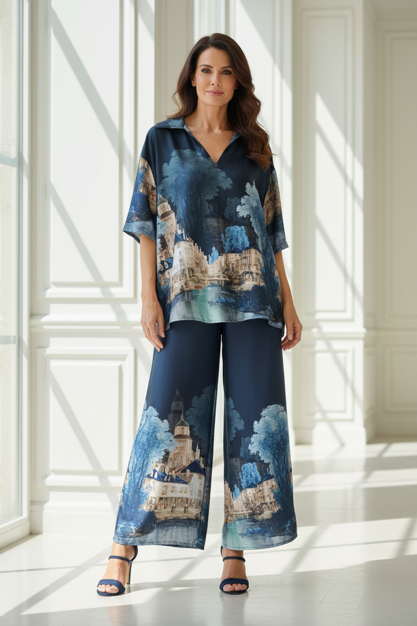 Conjunto blusa y pantalón estampado paisaje romántico