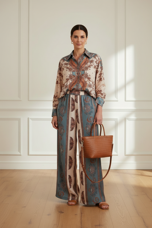 Conjunto boho + bolso trenzado camel - frontal