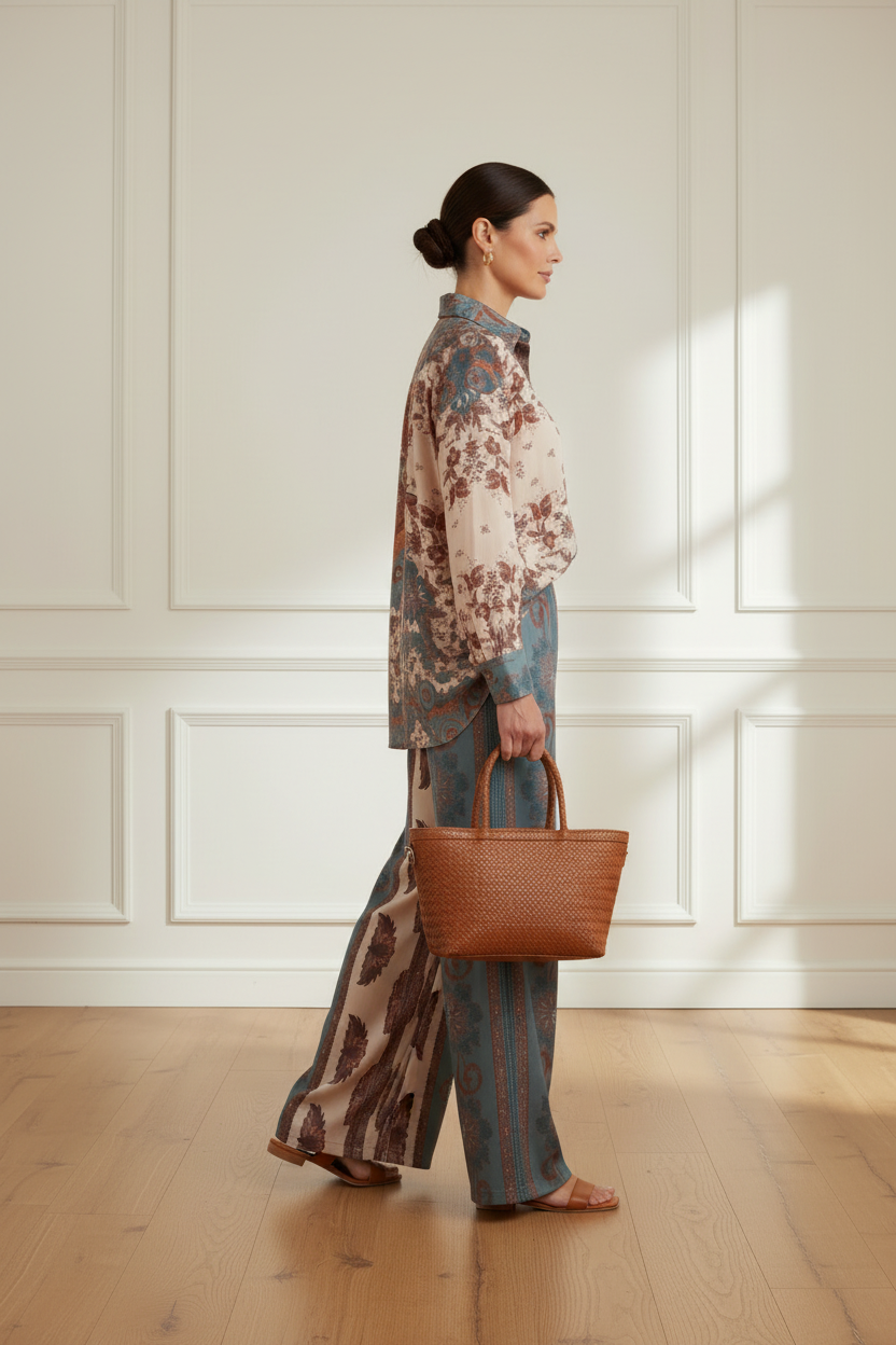 Conjunto boho + bolso trenzado camel - lateral
