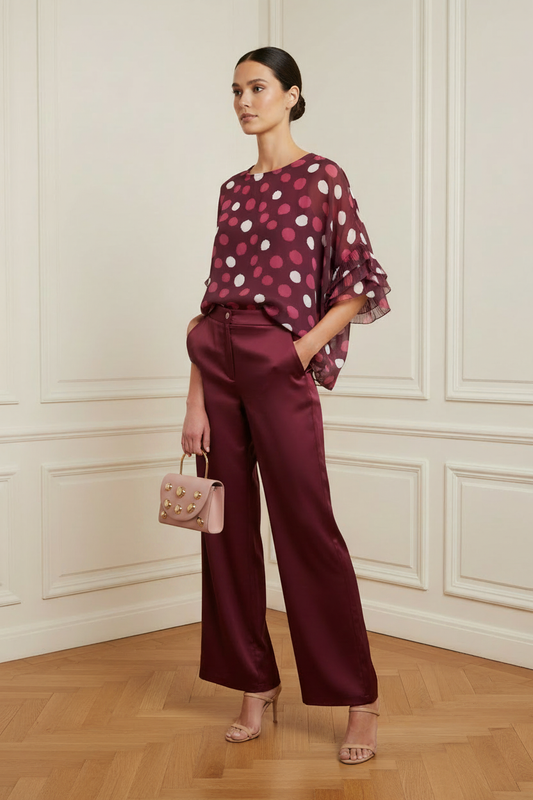 Conjunto burdeos con mini bolso rosa dorado