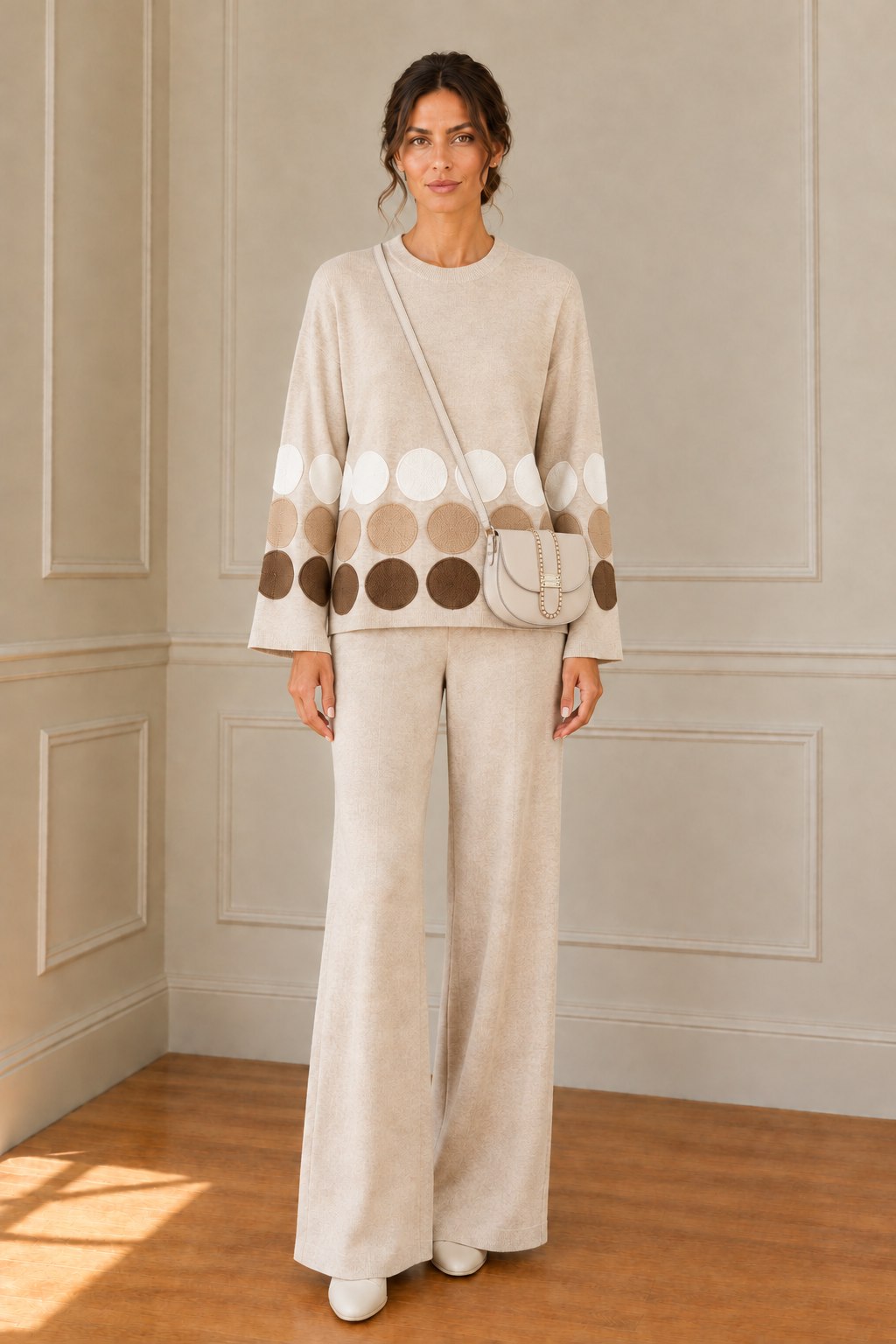 Conjunto camel con bolso beige cruzado