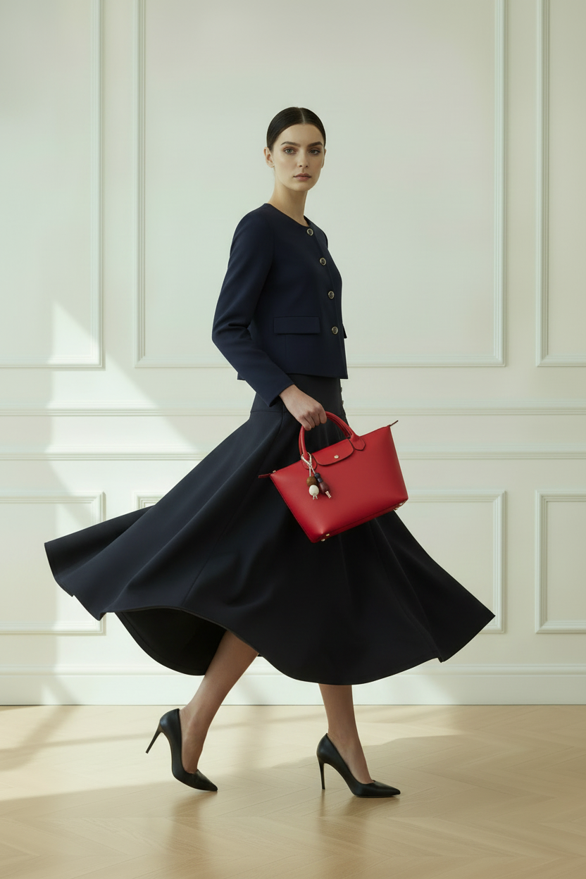 Falda midi azul marino con vuelo y botones joya