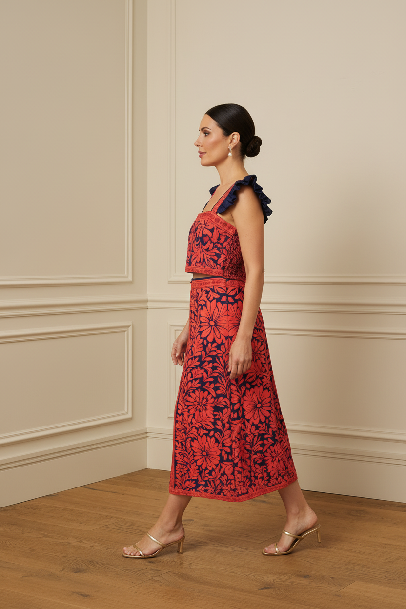 Falda midi floral roja y azul marino - caminando de lado