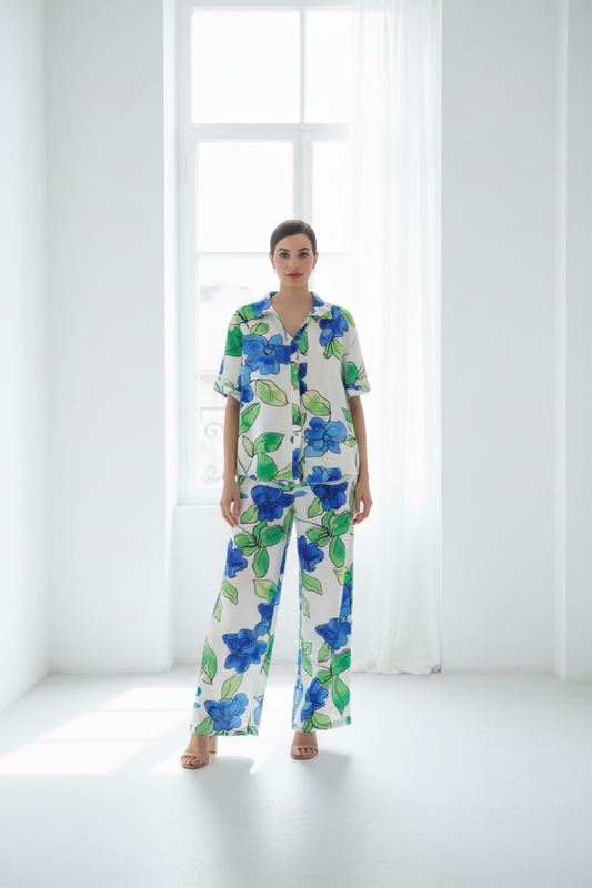 Conjunto floral camisa y pantalón largo