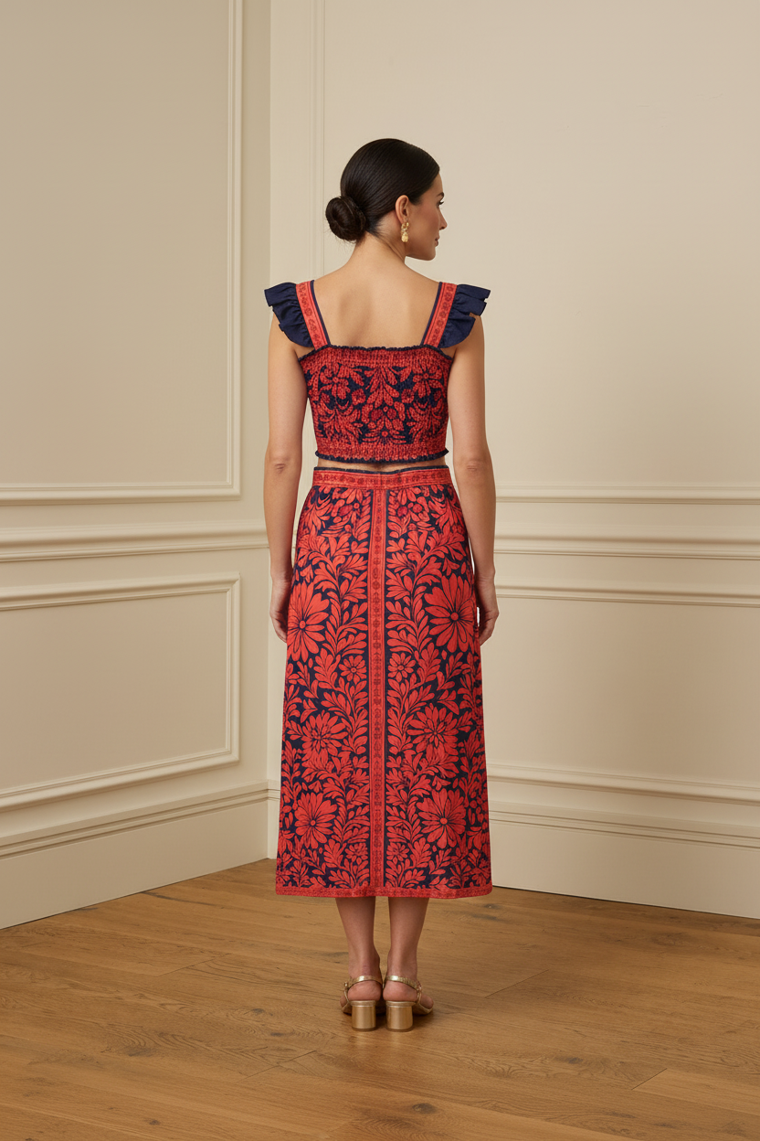 Falda midi floral roja y azul marino - de espaldas