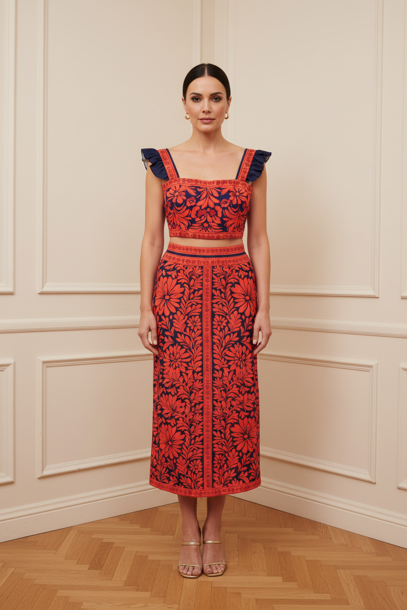Falda midi floral roja y azul marino - conjunto de frente
