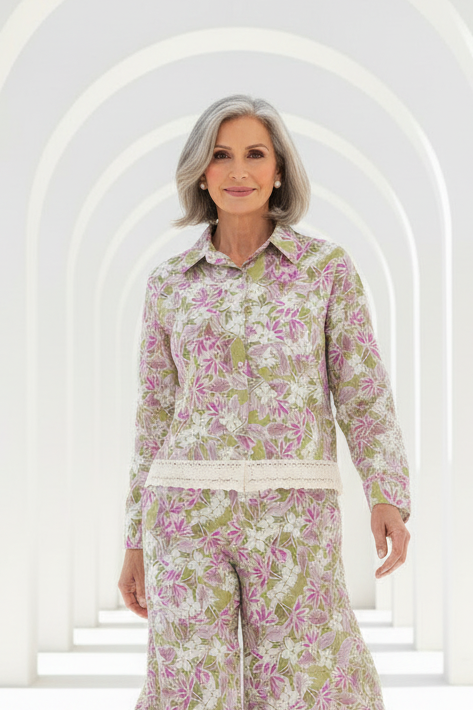 Camisa con flores malva y verde y encaje