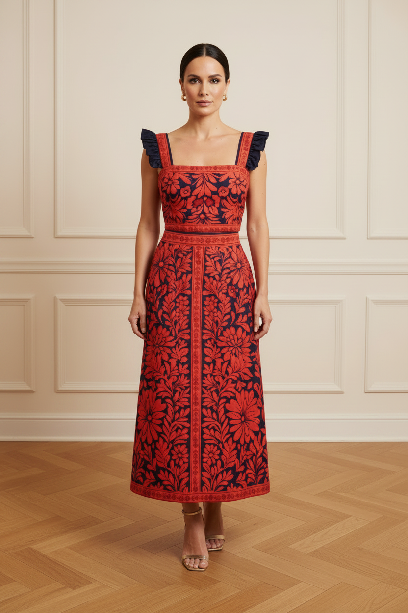 Falda midi floral roja y azul marino - silueta acampanada