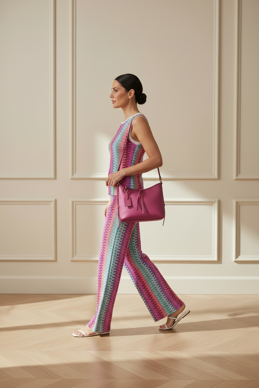 Top de punto multicolor ondas con bolso hobo fucsia - lateral