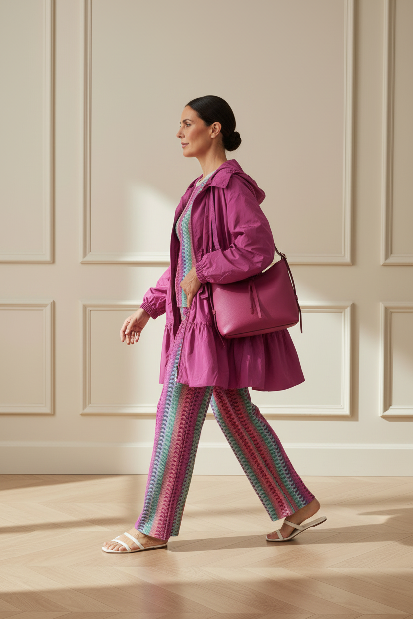Conjunto multicolor + gabardina fucsia + bolso - lateral